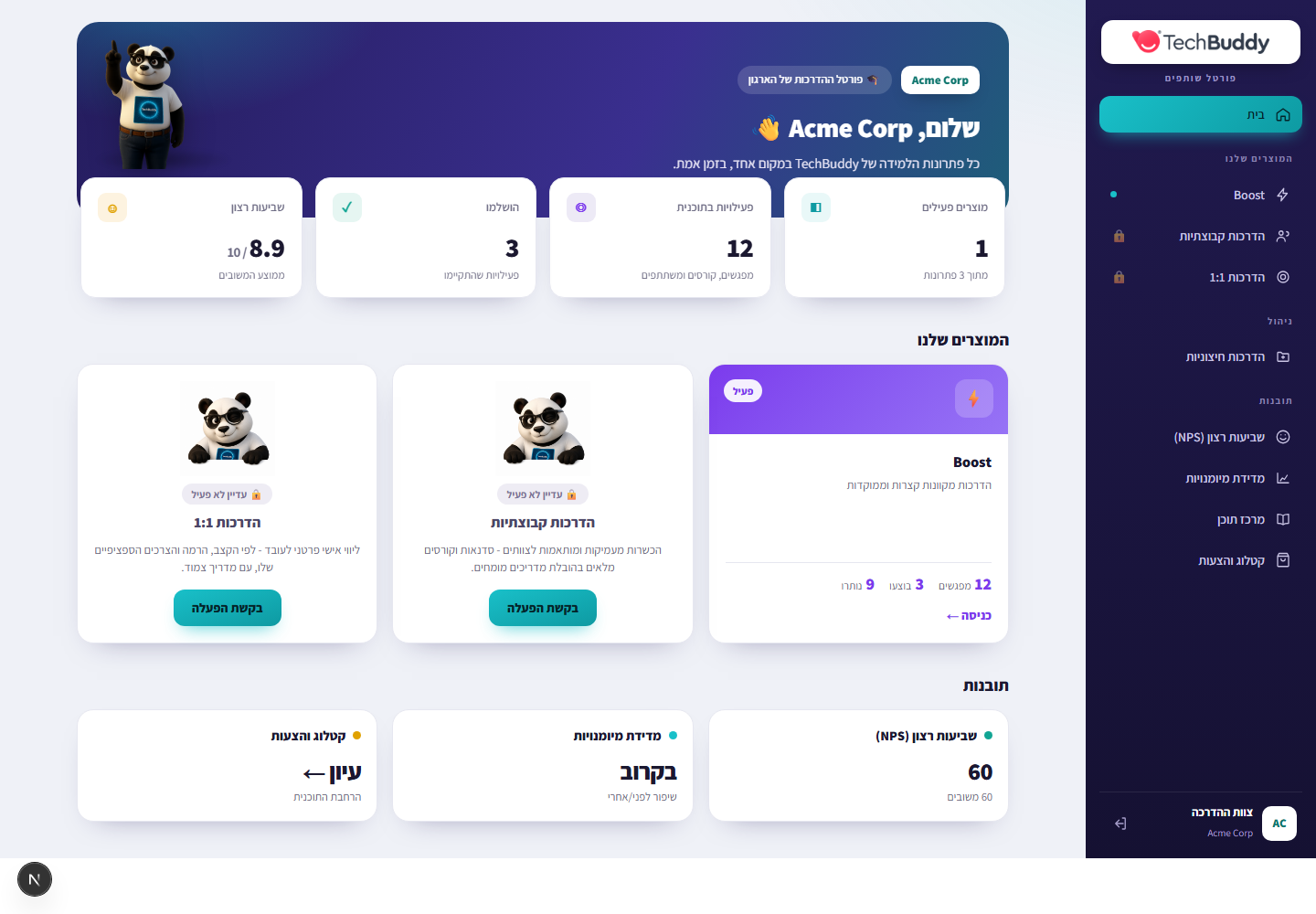 פורטל הלקוחות של TechBuddy - מסך הבית של הארגון
